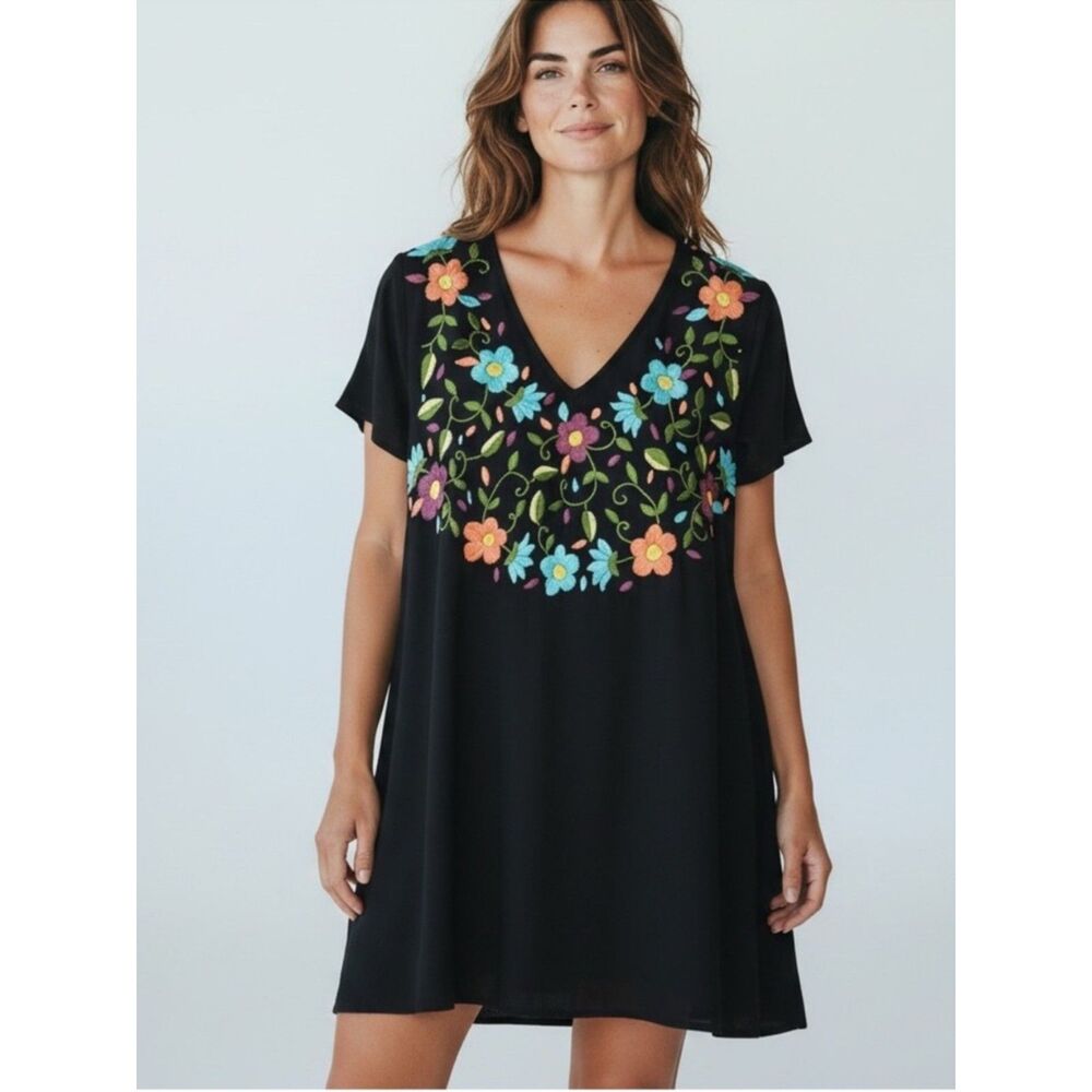 Judith March Embroidered Floral Black Chiffon Swing Dress Flutter Sleeve M